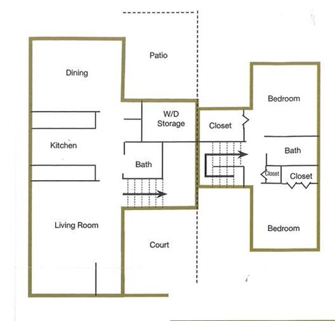 A diagram of a house layout with labeled rooms such as Dining, Kitchen, Living Room, Bedroom, Bath, Patio, W/D Storage, and Closet.